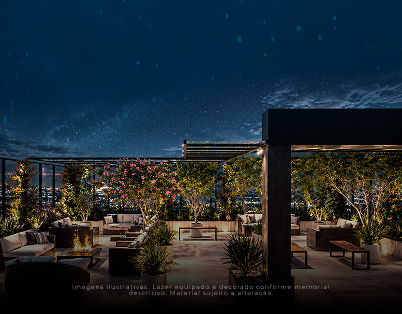 Vista do jardim do empreendimento Sky Breeze ao entardecer