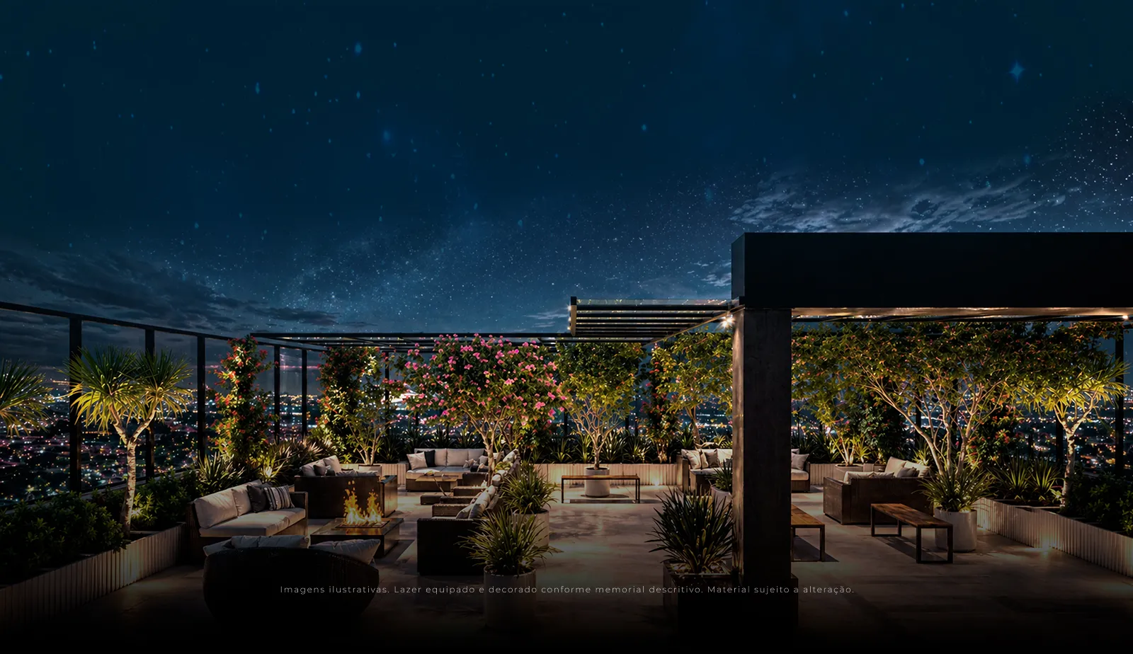 Vista do jardim do empreendimento Sky Breeze ao entardecer